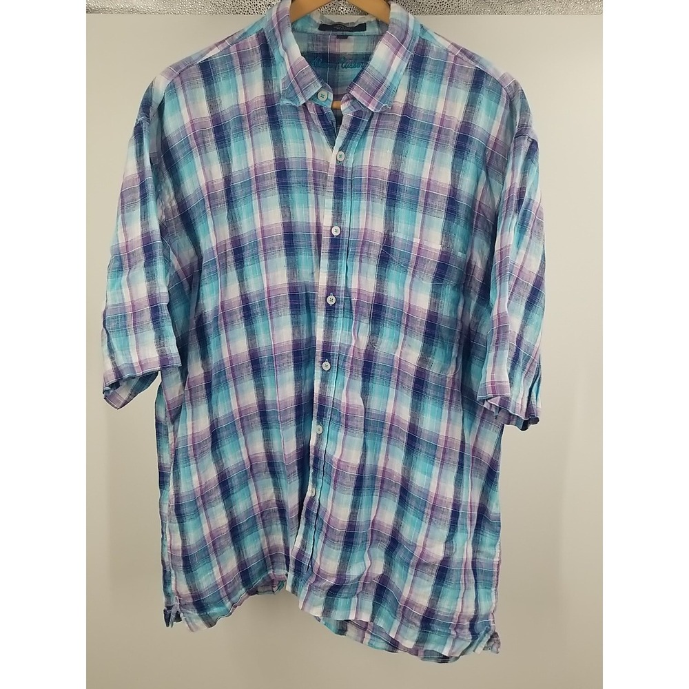 Alan Flusser Mens XXL Plaid Linen Short Sleeve Casual Button Up Shirt Blue